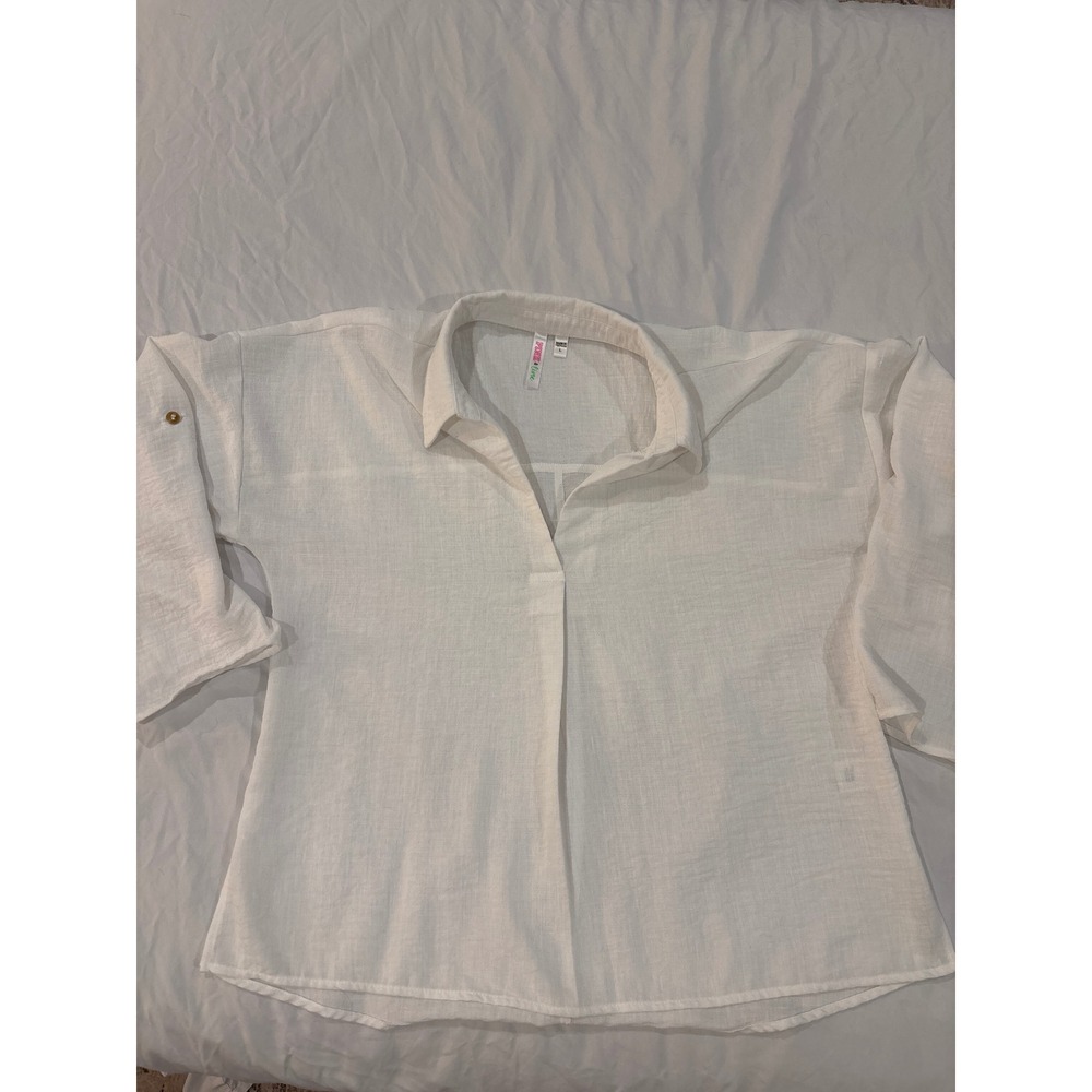 Pink & Lime White V-Neck Tunic Blouse Roll Tab Sleeve Womens Large